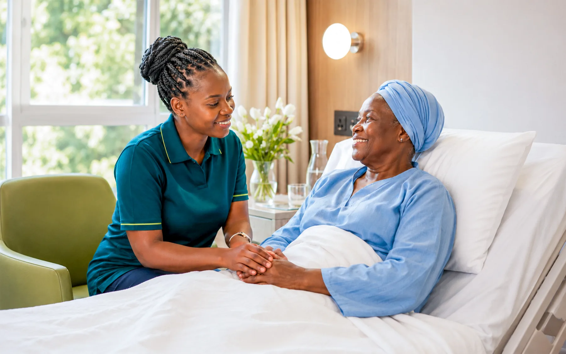 A Nurture Guide hospital concierge offering calm support to a patient in hospital