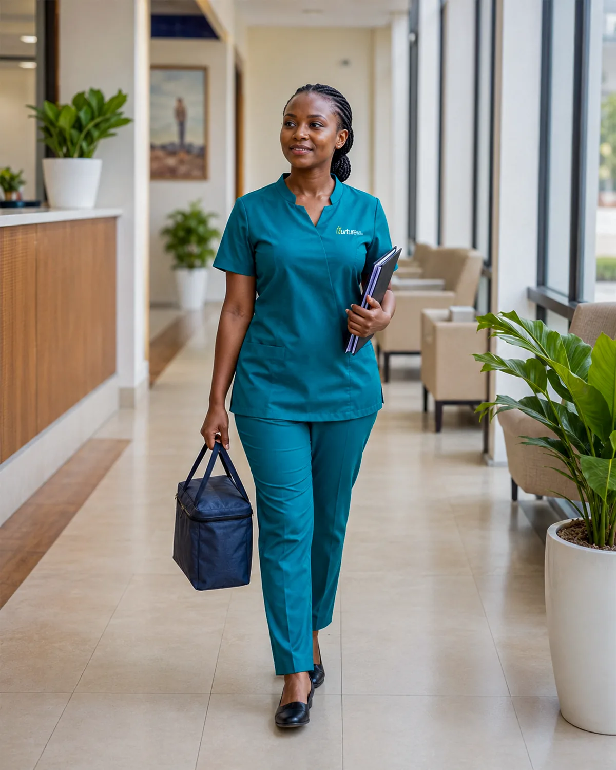 A Nurture Guide concierge carrying documents and personal essentials through a hospital