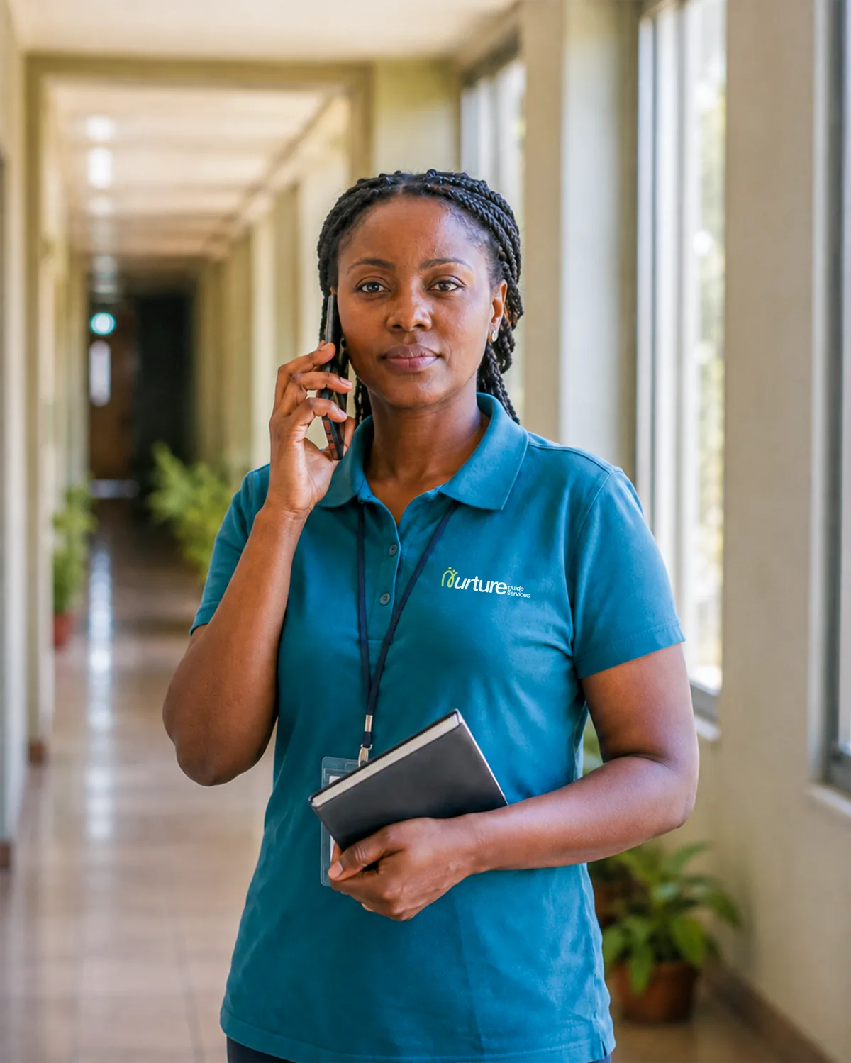 A Nurture Guide concierge taking a request by phone in a hospital corridor